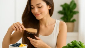 Capelli lunghi e sani con ingredienti freschi come frutta e noci che simboleggiano la crescita e la nutrizione dei capelli