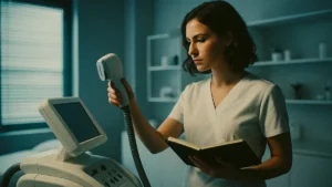 Centro estetico moderno estetista valuta un apparecchio laser professionale su un carrello