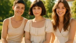 Donna con taglio pixie moderno un altra con french bob e una terza con butterfly cut