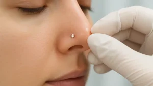 Una persona che, con le mani pulite inserisce delicatamente un piccolo piercing con brillantino nel naso