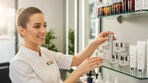 un estetista sorridente mentre seleziona con cura dei prodotti cosmetici di alta gamma