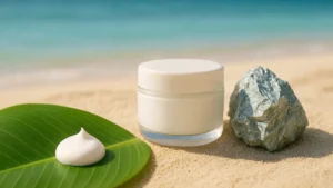 Crema solare a base di ossido di zinco su una foglia verde con una spiaggia sullo sfondo