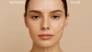 Donna matura sorridente che tocca il viso diviso a metà