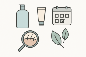 Illustrazione flat minimale che mostra icone pulite: shampoo, crema, calendario e lente di ingrandimento su un cuoio capelluto stilizzato, a indicare cura e mantenimento della dermatite seborroica.
