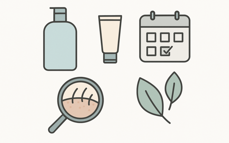 Illustrazione flat minimale che mostra icone pulite: shampoo, crema, calendario e lente di ingrandimento su un cuoio capelluto stilizzato, a indicare cura e mantenimento della dermatite seborroica.