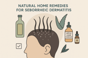 Illustrazione minimalista di rimedi naturali per dermatite seborroica: cuoio capelluto stilizzato con piccole squame, olio d'oliva, aloe e aceto di mele, in stile pulito e moderno.