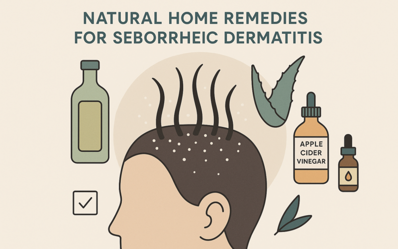 Illustrazione minimalista di rimedi naturali per dermatite seborroica: cuoio capelluto stilizzato con piccole squame, olio d'oliva, aloe e aceto di mele, in stile pulito e moderno.